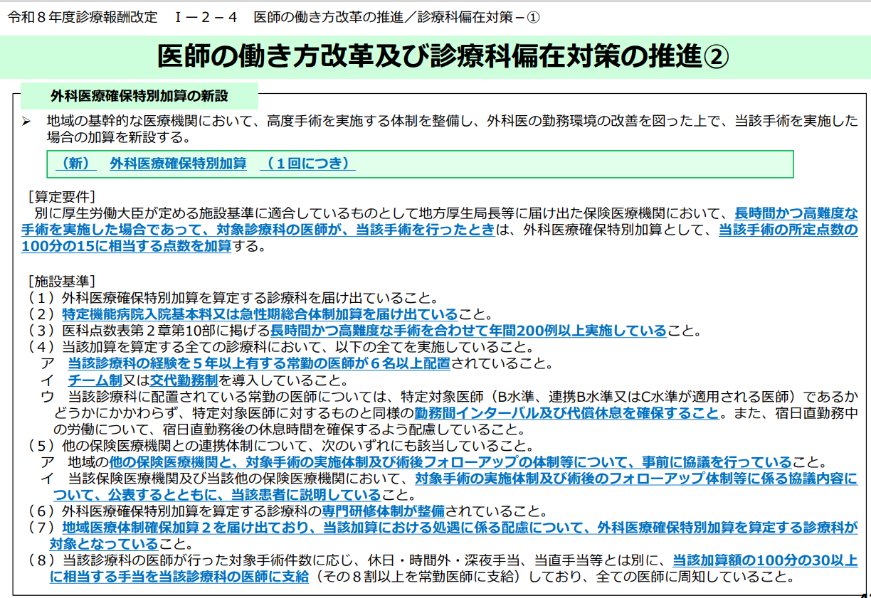 令和８年度診療報酬改定 Ⅰー２－４ 医師の働き方改革の推進／診療科偏在対策－①

医師の働き方改革及び診療科偏在対策の推進②

＜外科医療確保特別加算の新設＞
地域の基幹的な医療機関において、高度手術を実施する体制を整備し、外科医の勤務環境の改善を図った上で、当該手術を実施した場合の加算を新設する。

■（新）外科医療確保特別加算 （１回につき）

［算定要件］
別に厚生労働大臣が定める施設基準に適合しているものとして地方厚生局長等に届け出た保険医療機関において、手術を実施した場合であって長時間かつ高難度な、対象診療科の医師が、当該手術を行ったときは、外科医療確保特別加算として、当該手術の所定点数の100分の15に相当する点数を加算する。

［施設基準］
（１）外科医療確保特別加算を算定する診療科を届け出ていること。
（２）特定機能病院入院基本料又は急性期総合体制加算を届け出ていること。
（３）医科点数表第２章第10部に掲げる長時間かつ高難度な手術を合わせて年間200例以上実施していること。
（４）当該加算を算定する全ての診療科において、以下の全てを実施していること。
ア）当該診療科の経験を５年以上有する常勤の医師が６名以上配置
イ）チーム制又は交代勤務制されていること。を導入していること。
ウ）当該診療科に配置されている常勤の医師については、特定対象医師（B水準、連携B水準又はC水準が適用される医師）であるかどうかにかかわらず、特定対象医師に対するものと同様の勤務間インターバル及び代償休息を確保すること。また、宿日直勤務中の労働について、宿日直勤務後の休息時間を確保するよう配慮していること。
（５）他の保険医療機関との連携体制について、次のいずれにも該当していること。
ア）地域の他の保険医療機関と、対象手術の実施体制及び術後フォローアップの体制等について、事前に協議を行っていること。
イ）当該保険医療機関及び当該他の保険医療機関において、対象手術の実施体制及び術後のフォローアップ体制等に係る協議内容について、公表するとともに、当該患者に説明していること。
（６）外科医療確保特別加算を算定する診療科の専門研修体制が整備
（７）地域医療体制確保加算２を届け出ておりされていること。、当該加算における処遇に係る配慮について、外科医療確保特別加算を算定する診療科が対象となっていること。
（８）当該診療科の医師が行った対象手術件数に応じ、休日・時間外・深夜手当、当直手当等とは別に、当該加算額のに相当する手当を当該診療科の医師に支給100分の30以上（その８割以上を常勤医師に支給）しており、全ての医師に周知していること。